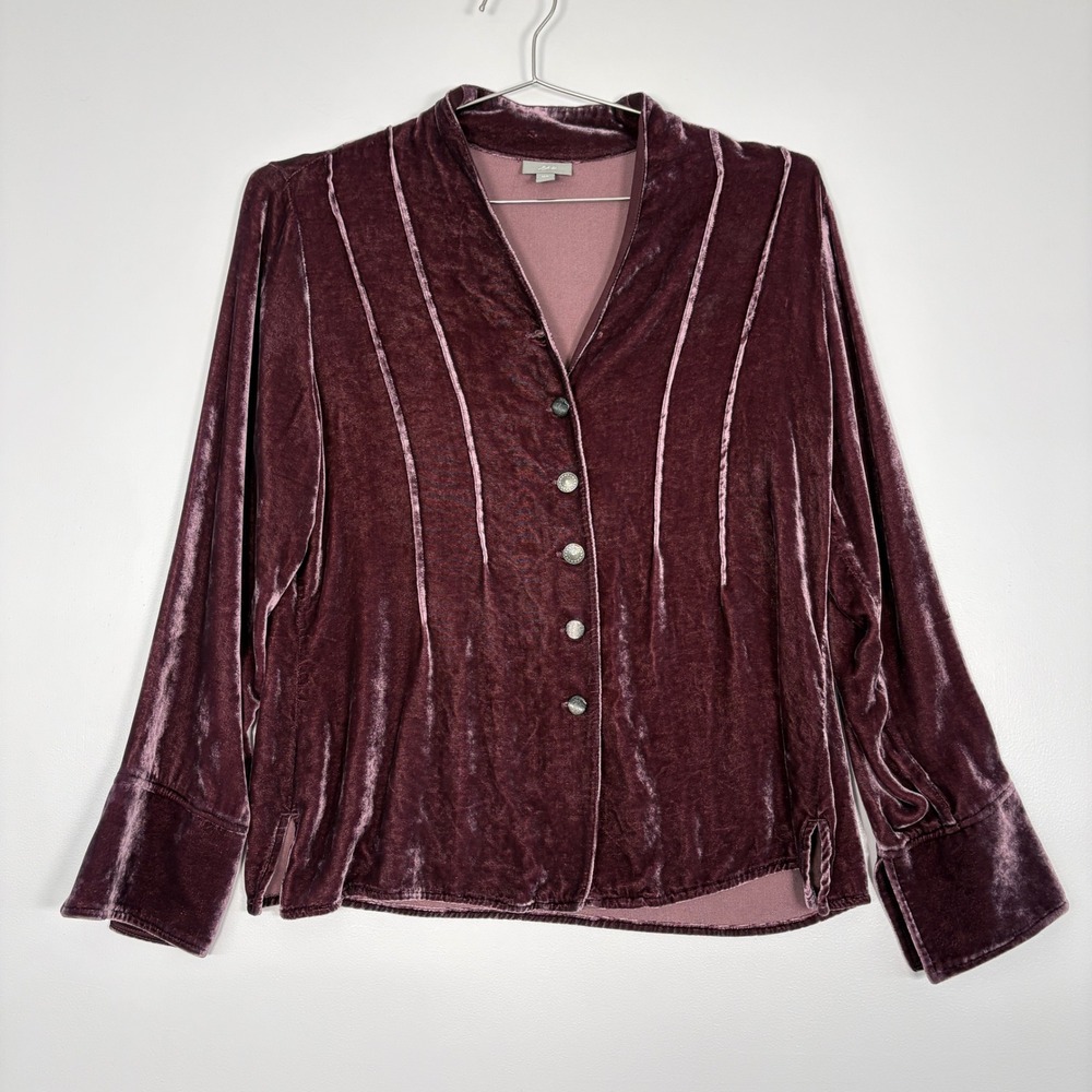 J. Jill Women Blouse MP Purple Silk Blend Velvet Button Front V-Neck Long Sleeve